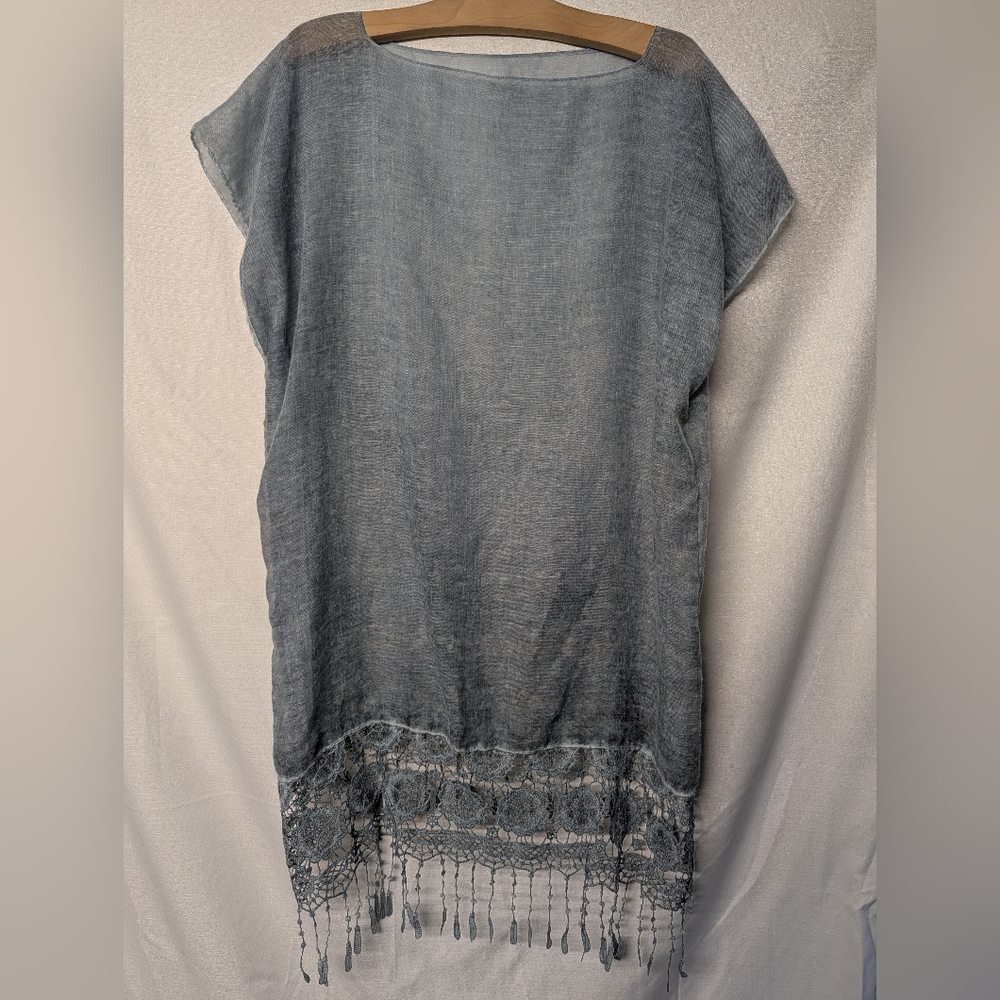 Sheer Blue Linen Tunic with Crochet Fringe One Size